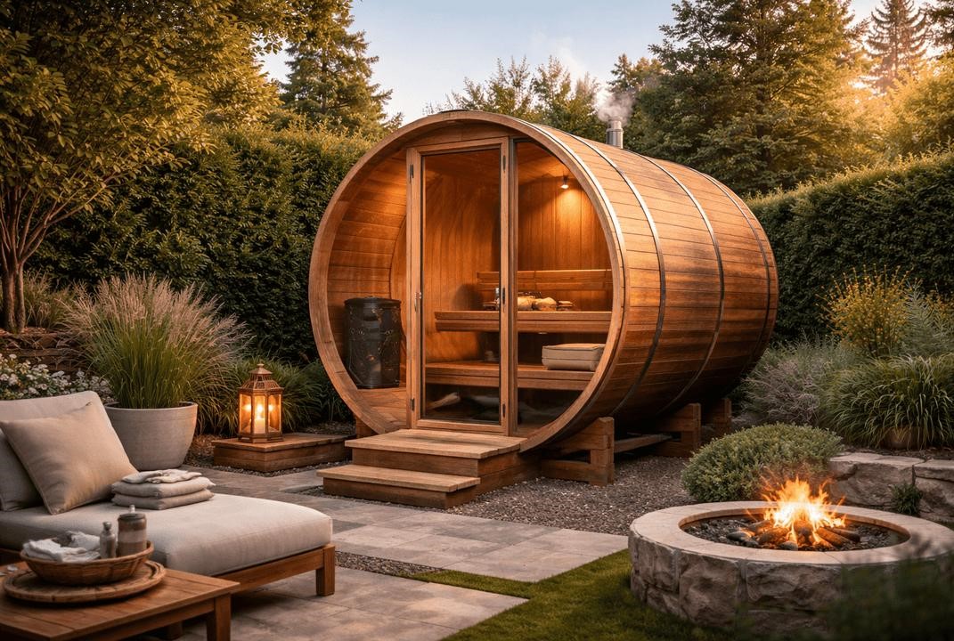 Natural timber sauna interior with ambient illumination and wooden ladles