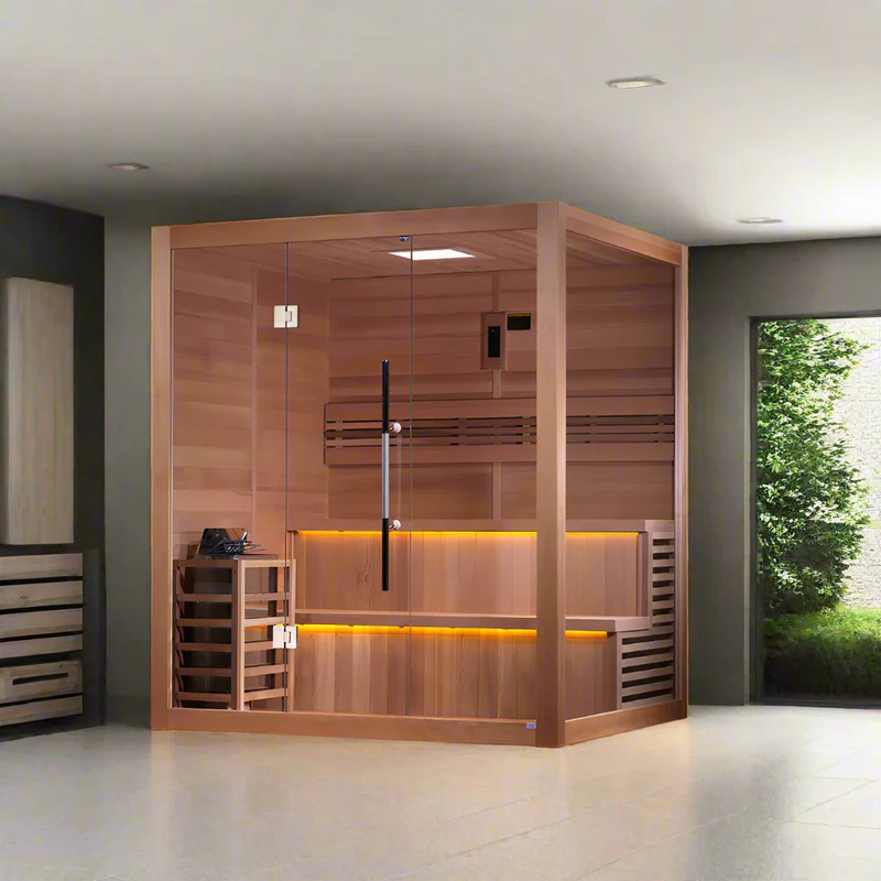 Golden Designs Kuusamo Edition 6-person indoor traditional sauna cabin with glass frontage